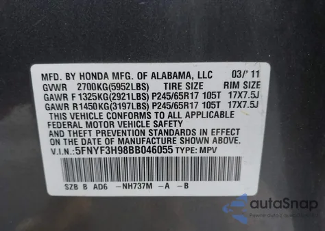 2011 Honda Pilot Touring из США, поврежденный, VIN 5FNYF3H98BB046055